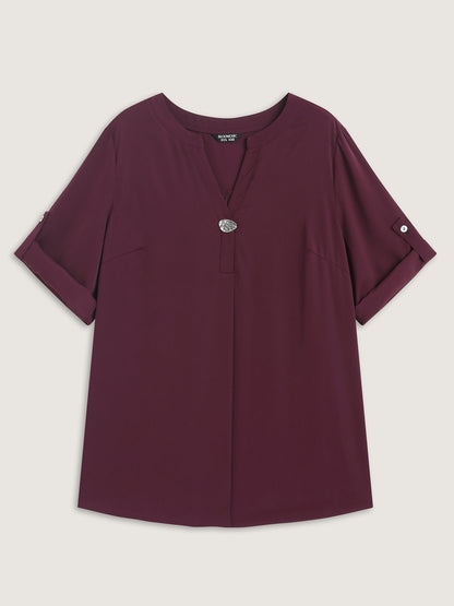 Metal Buckle Neckline Solid Blouse
