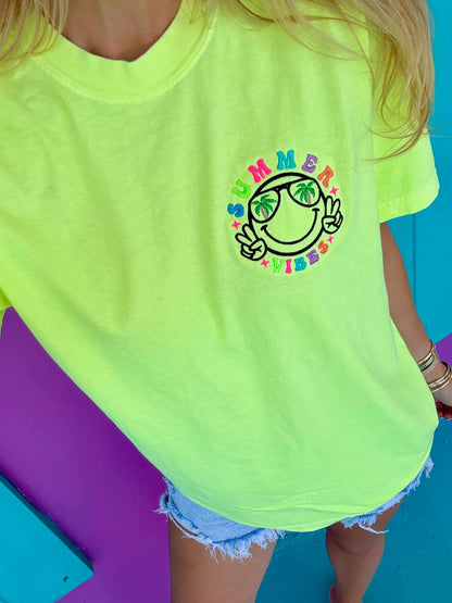 Summer Vibes Neon Yellow Embroidered Tee