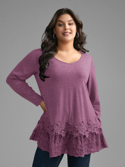 V Neck Lace Panel Jersey Top