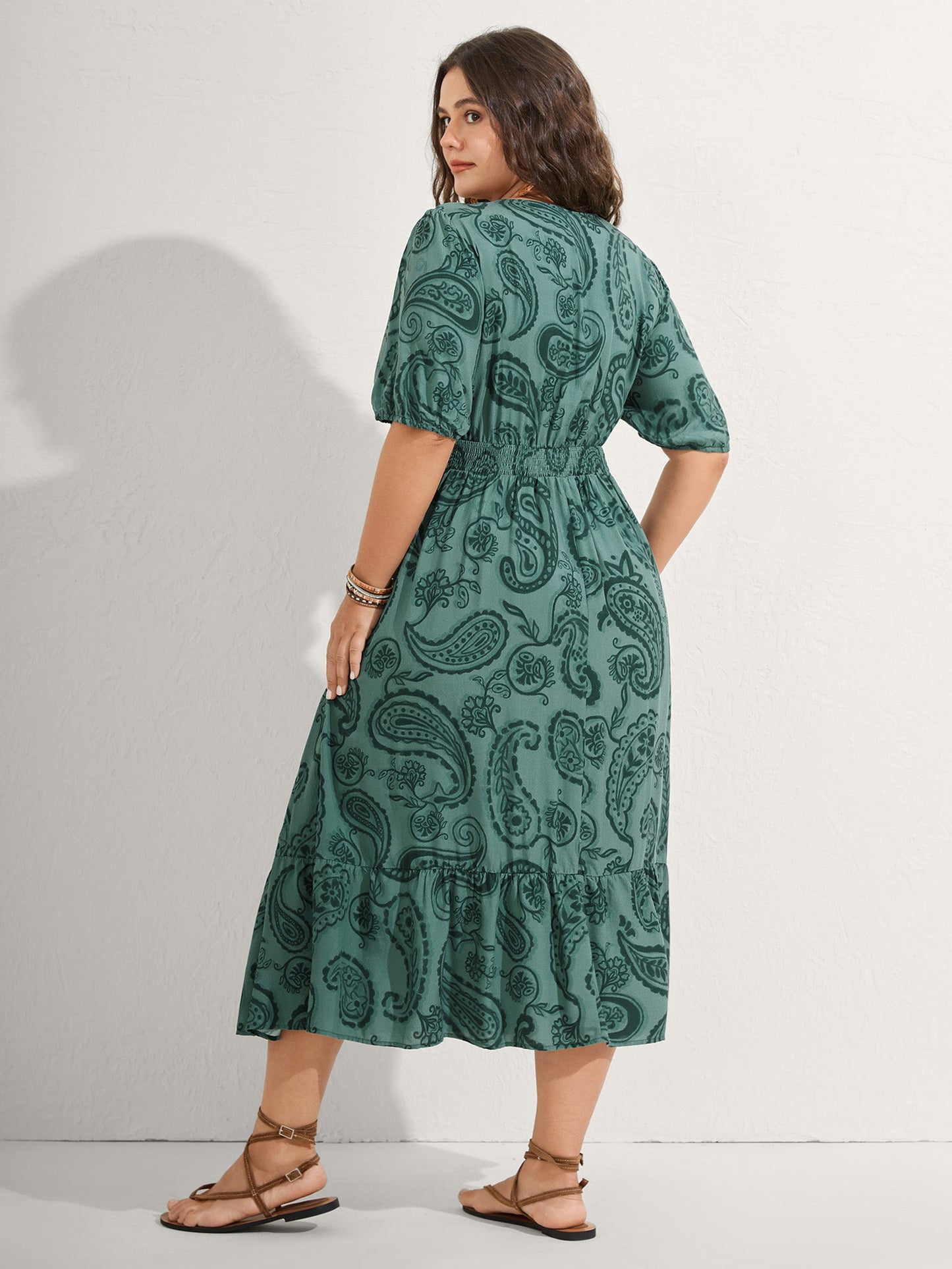 Paisley Print Shirred Waist Midi Dress