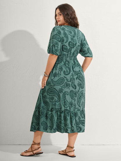 Paisley Print Shirred Waist Midi Dress
