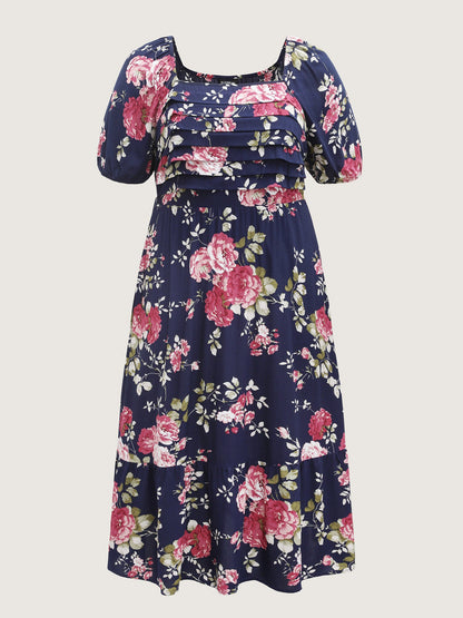 Rosy Print Pleated Bust Ease Midi Dress