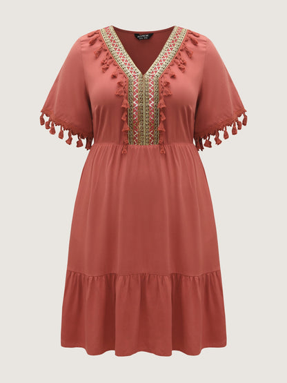 Rayon Stretchy Waist Pockets Midi Dress