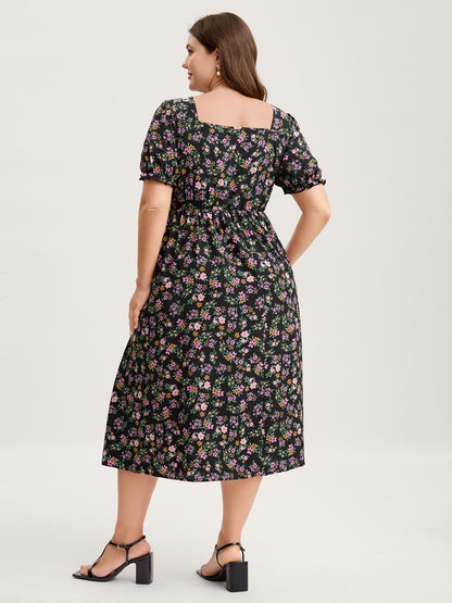 Floral Shirred Bodice Contrast Midi Dress