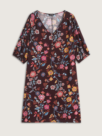 Rayon Boho Floral Placket Midi Dress
