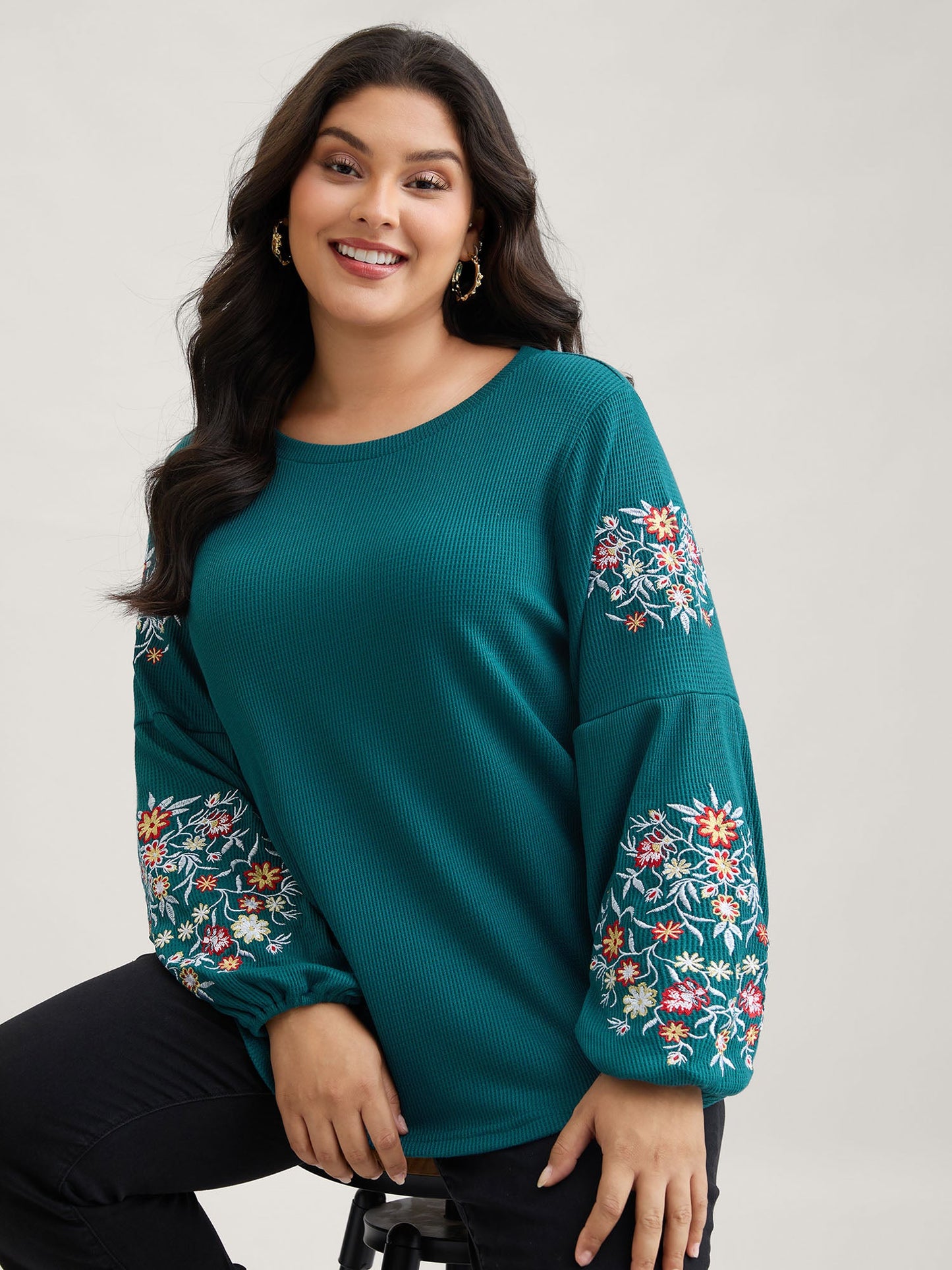 Waffle Knit Floral Embroidered Lantern Sleeve T-shirt