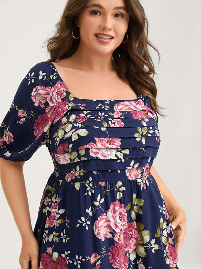 Rosy Print Pleated Bust Ease Midi Dress