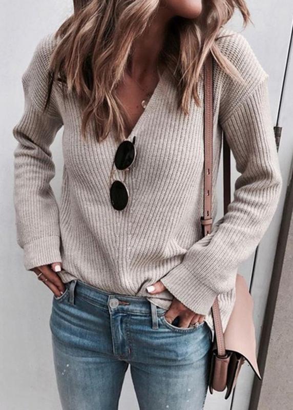 V-neck Solid Long Sleeve Sweater