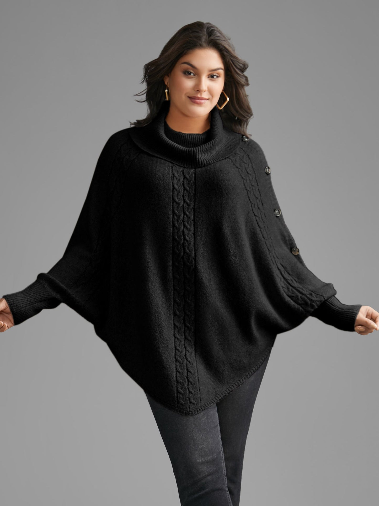 Turtleneck Cable Knit Asymmetrical Hem Pullover