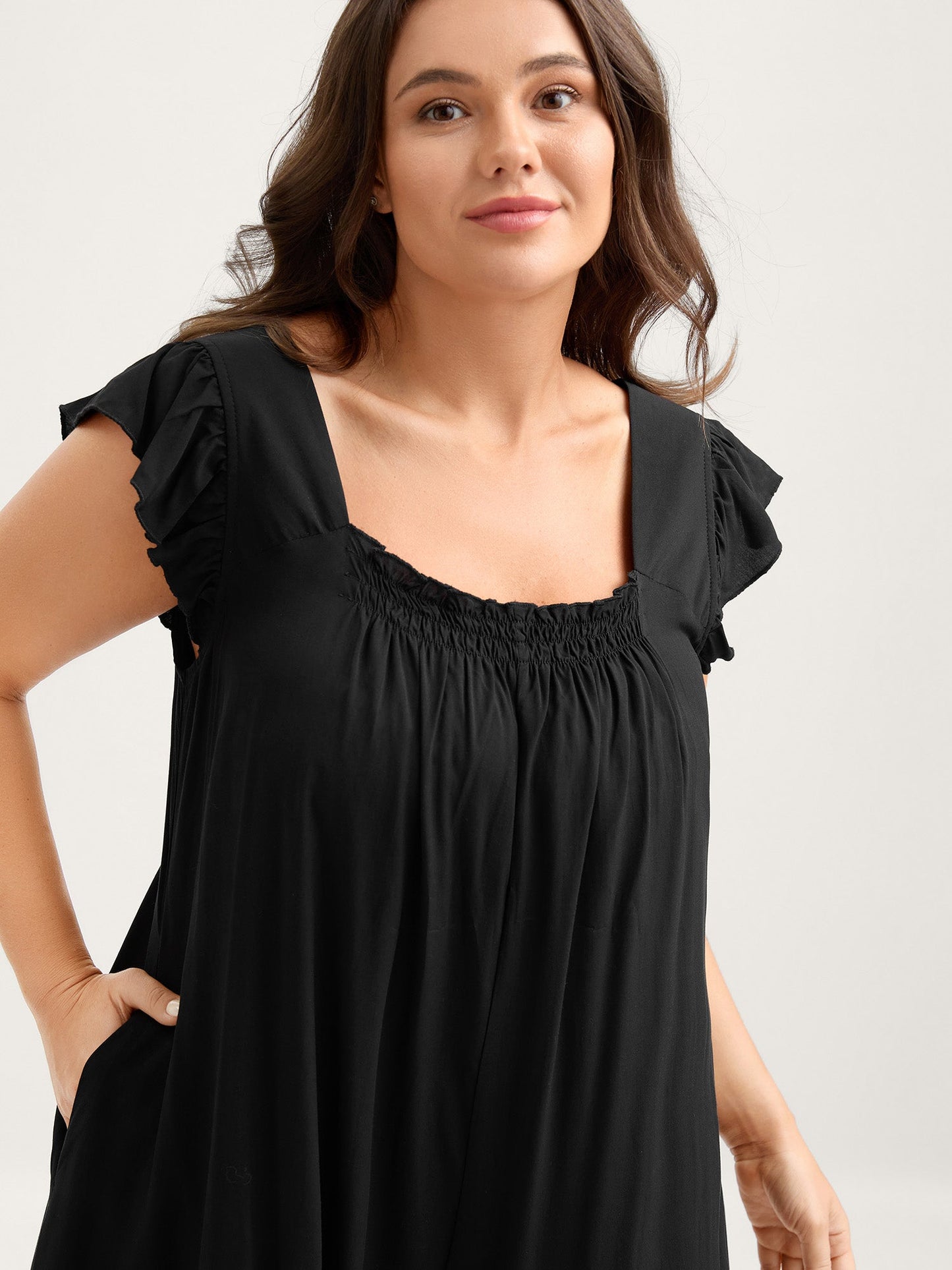 Rayon Shirred Flutter Sleeve Pockets Jumpsuit