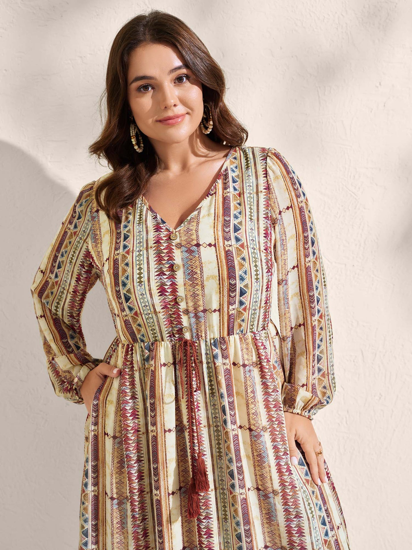 Geometric Stripes Stretchy Waist-Tie Maxi Dress