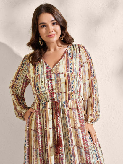 Geometric Stripes Stretchy Waist-Tie Maxi Dress