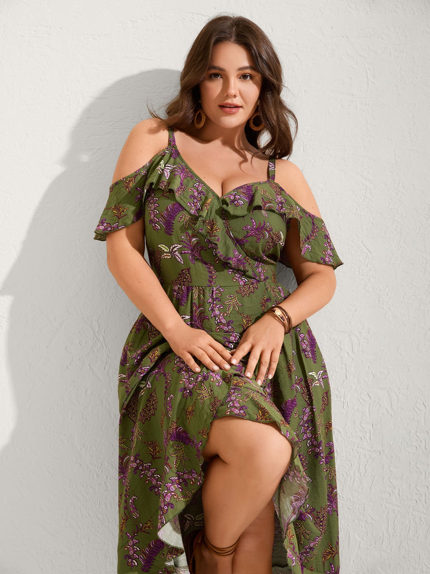 Boho Floral Ruffled Off-Shoulder Midi Dress