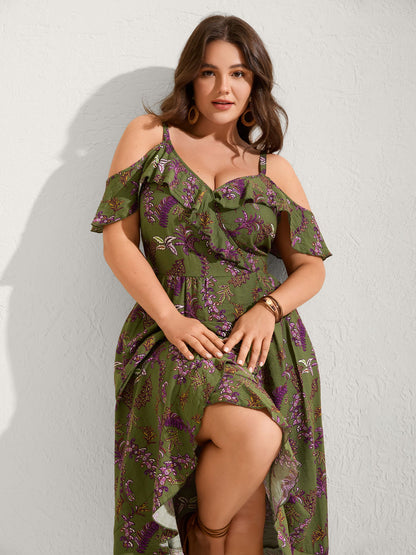 Boho Floral Ruffled Off-Shoulder Midi Dress