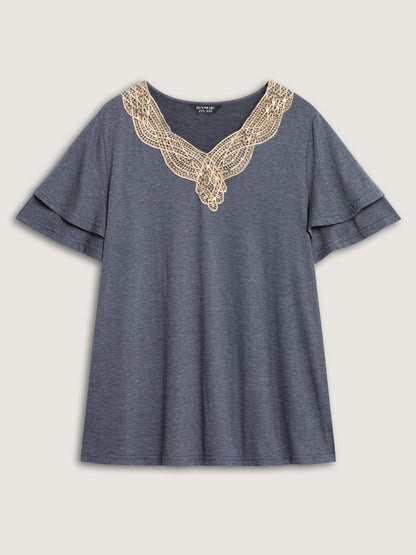 Layered Sleeve Lace Neck Solid T-Shirt