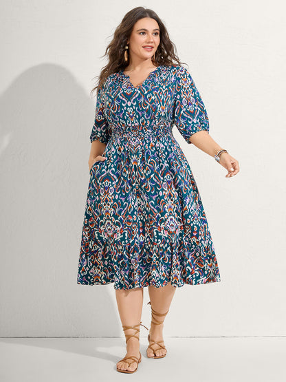 Abstract Print Shirred Waist Midi Dress