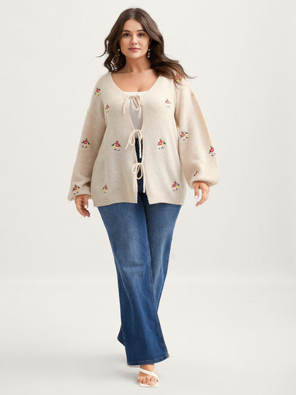 Supersoft Floral Embroidery Front Triple Tie Knit Cardigan