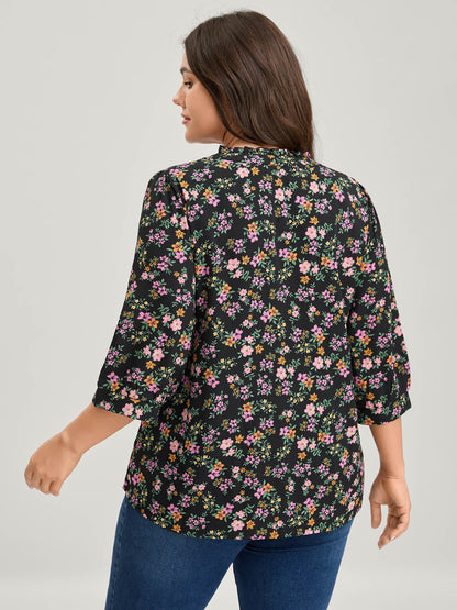 Floral Print Ruffled Neckline Flowy Blouse