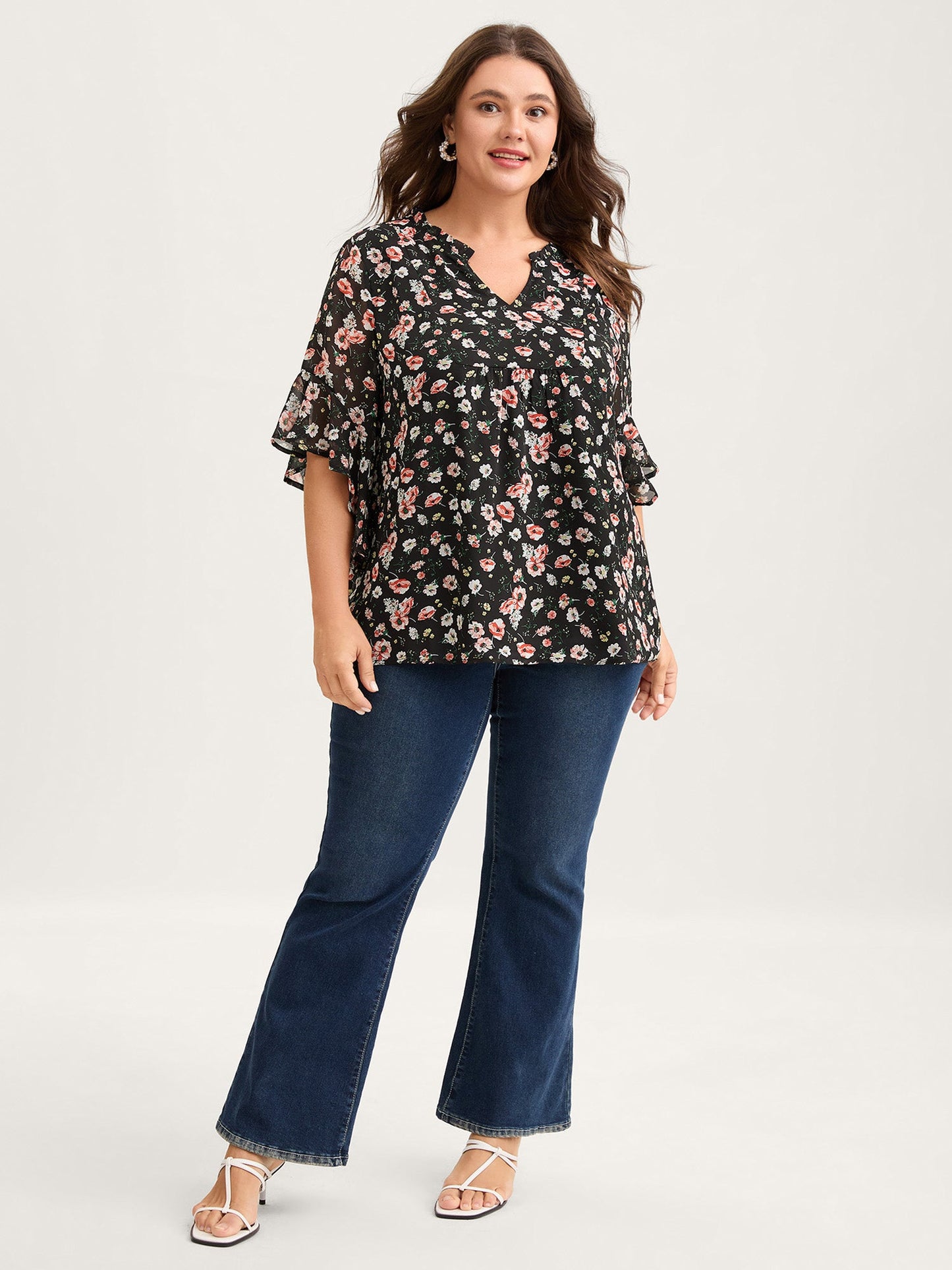Chiffon Floral Ruffled Sleeve Blouse