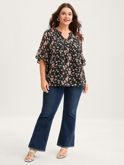 Chiffon Floral Ruffled Sleeve Blouse