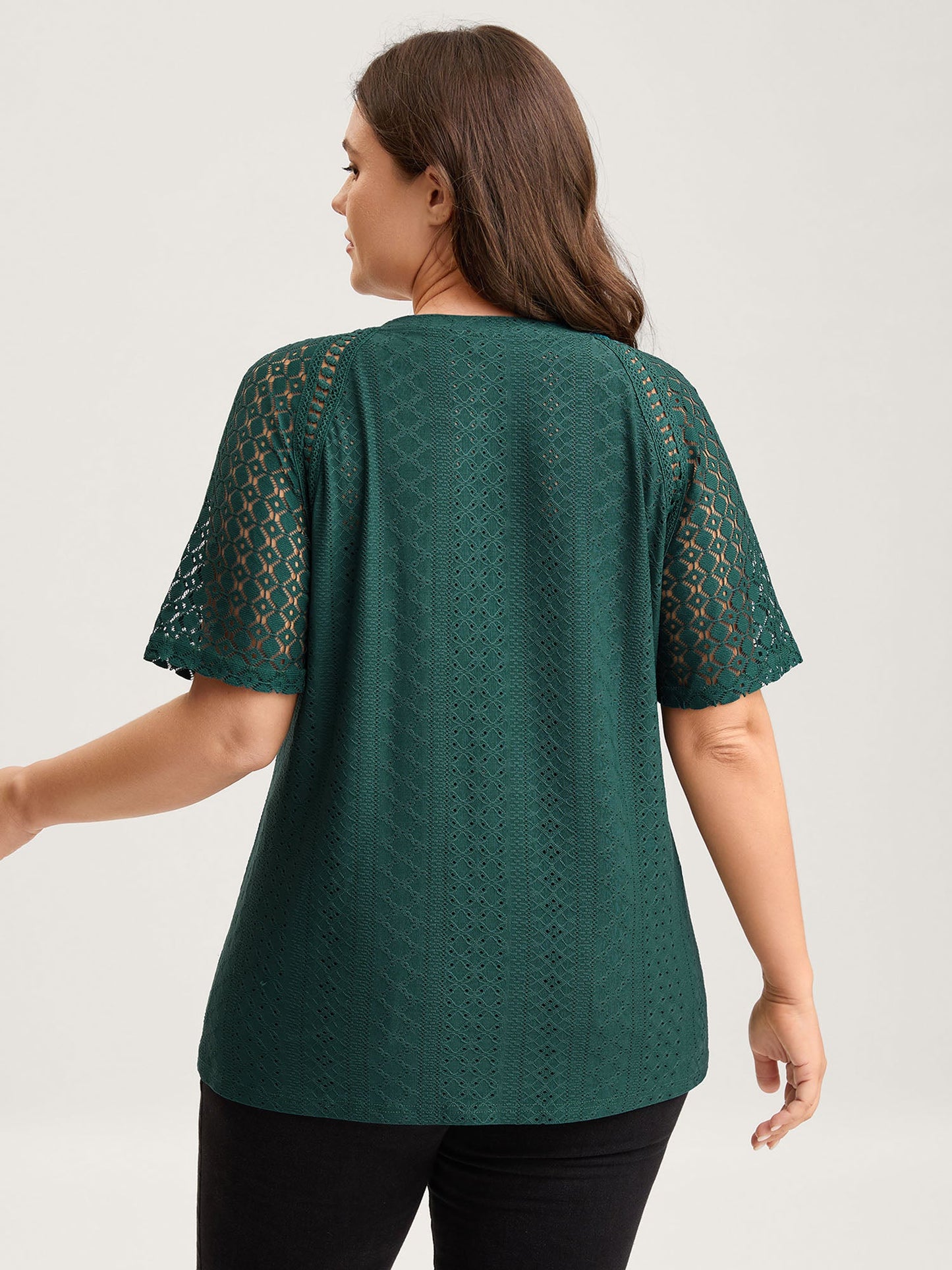 Eyelet Trim Lace Cut-Out Solid T-Shirt