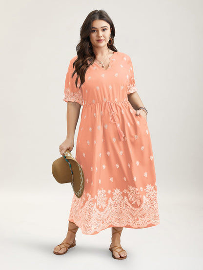 Floral Waist-Tie Notched Collar Midi Dress