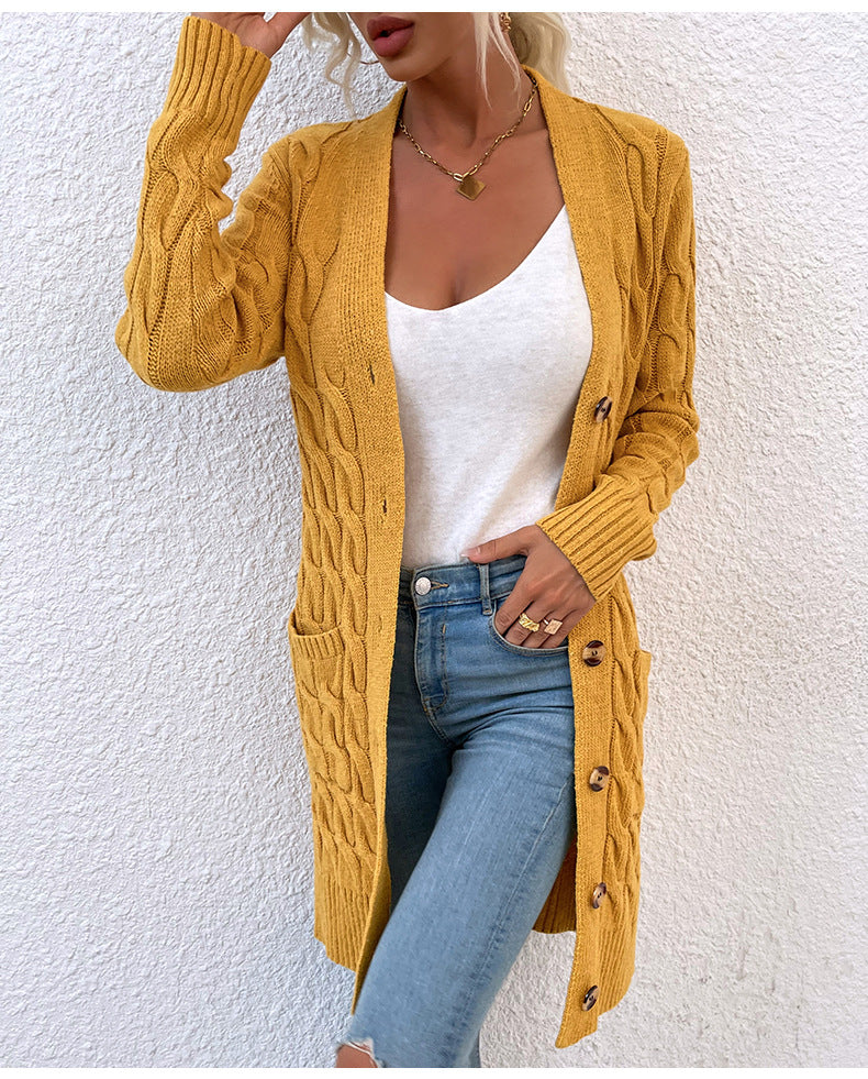 New long coat twist rope solid color cardigan sweater