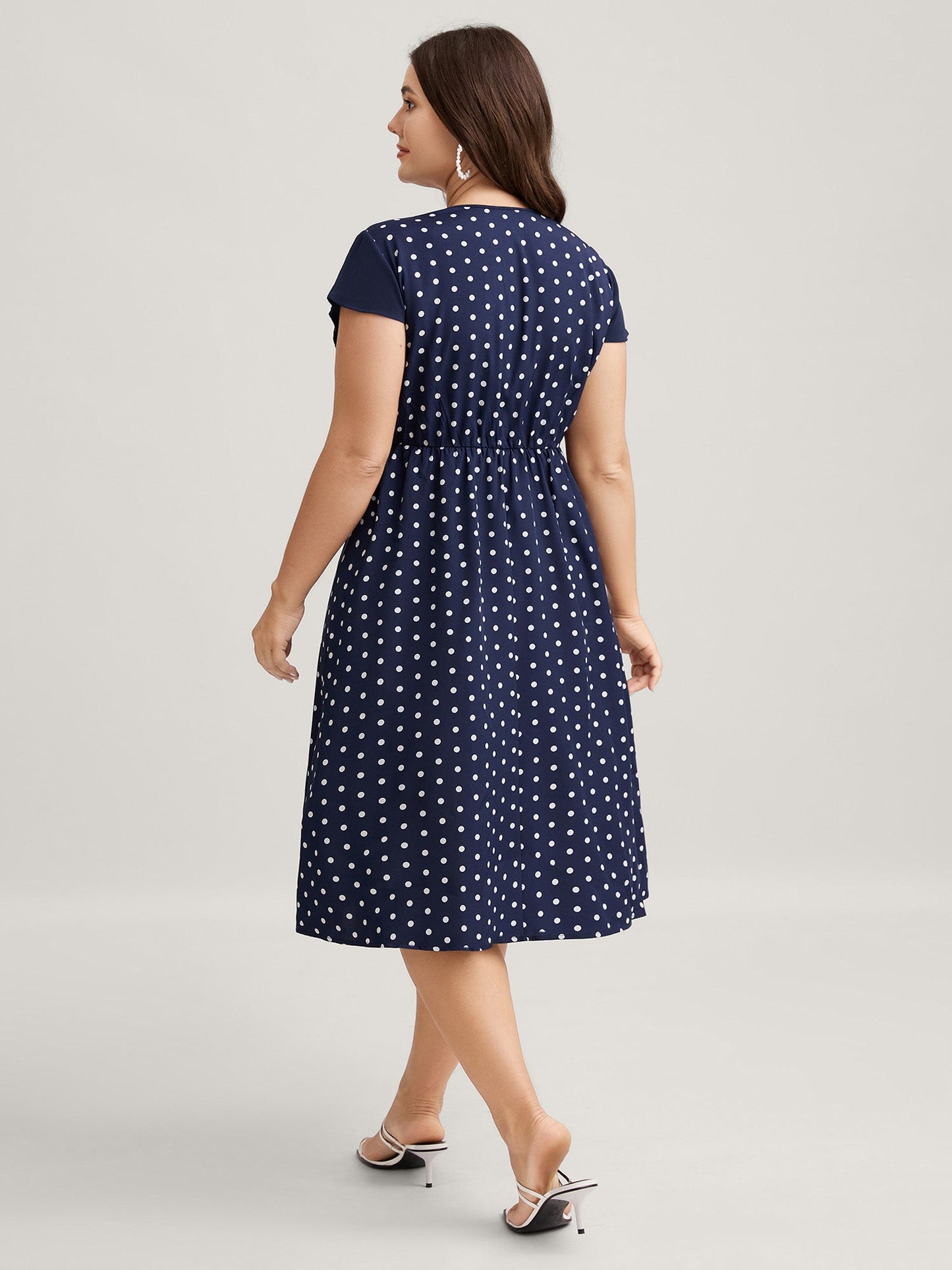 Polka Dots Stretchy Waist Pockets Midi Dress