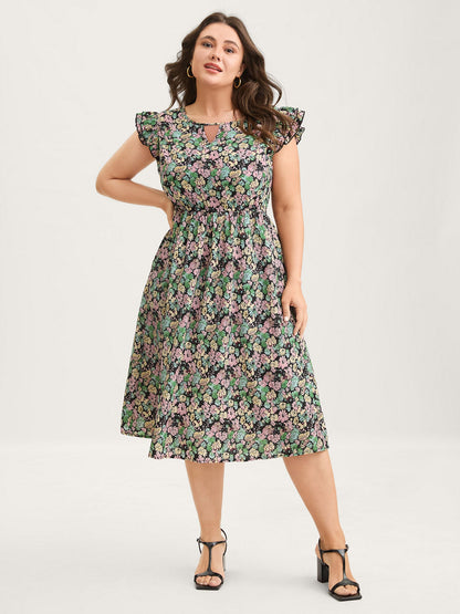 Floral Layered Ruffled Sleeve Midi Dress