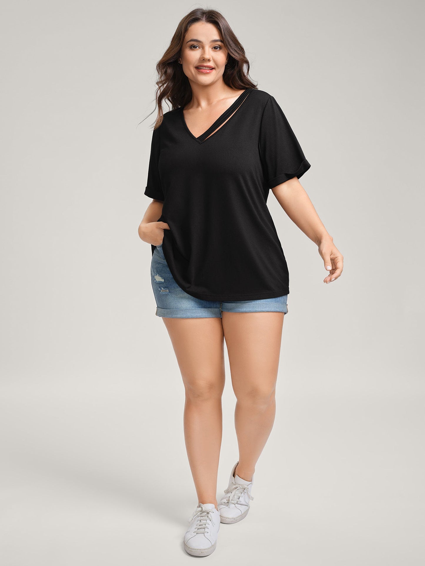 Neck Cut-Out Plain T-Shirt