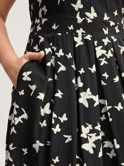 Rayon Monochrome Butterfly Stretchy Midi Dress