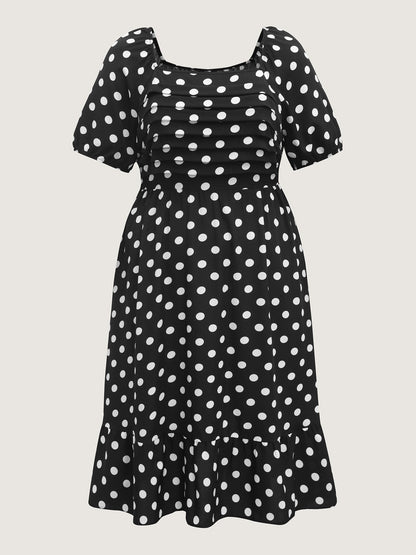 Polka Dots Pleated Bodice Midi Dress
