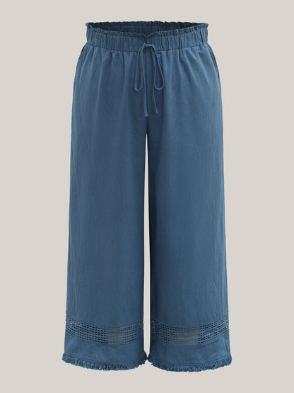 Cotton Waist-Tie Lace Wide-Leg Pants