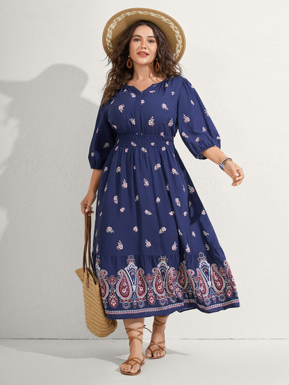 Paisley Print Shirred Waist Midi Dress