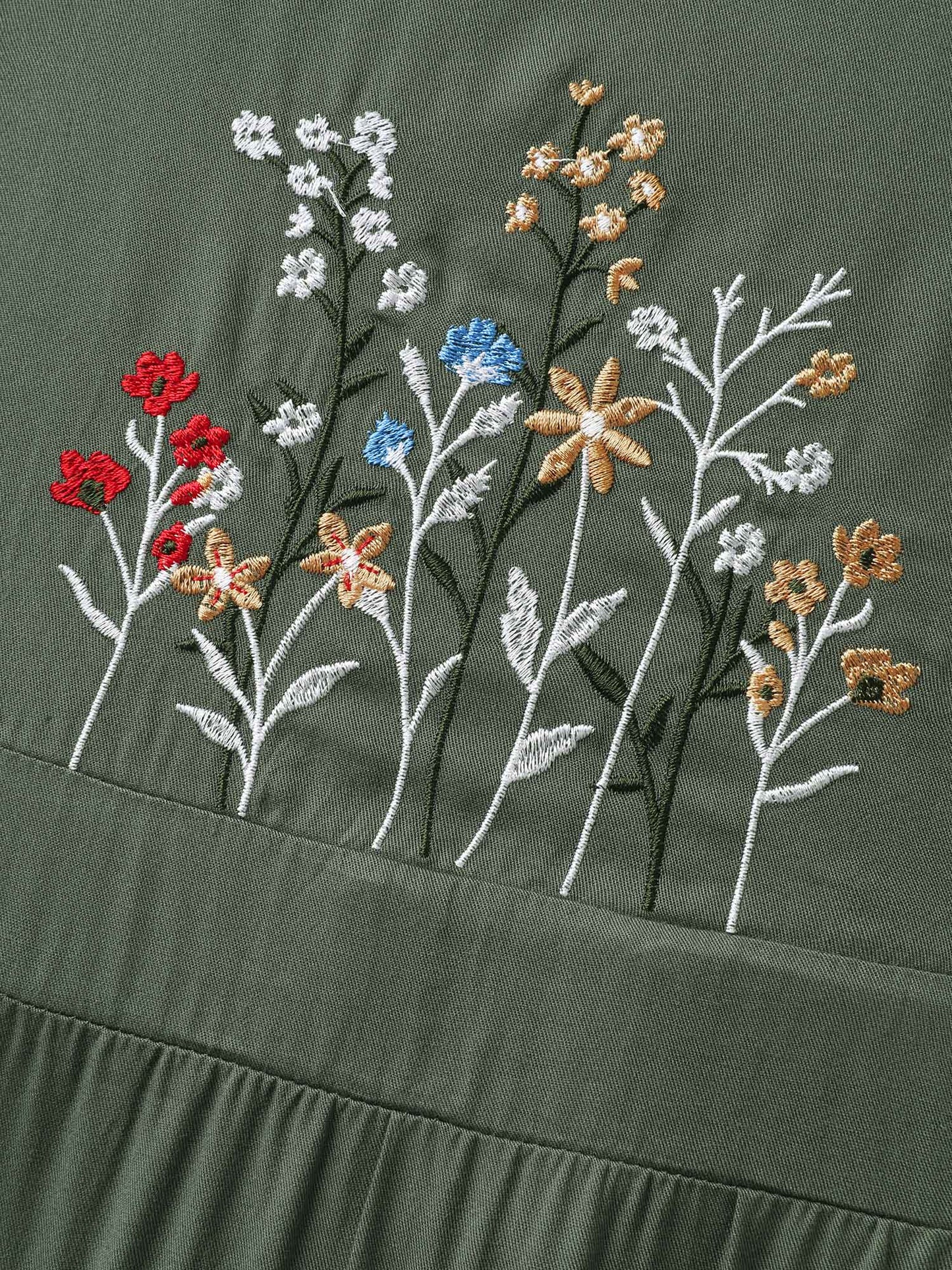 Rayon Floral Embroidery Stretchy Waist Midi Dress