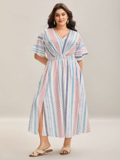 Solid Geometric Dolman Sleeve Pocket Shirred Split Hem Dress