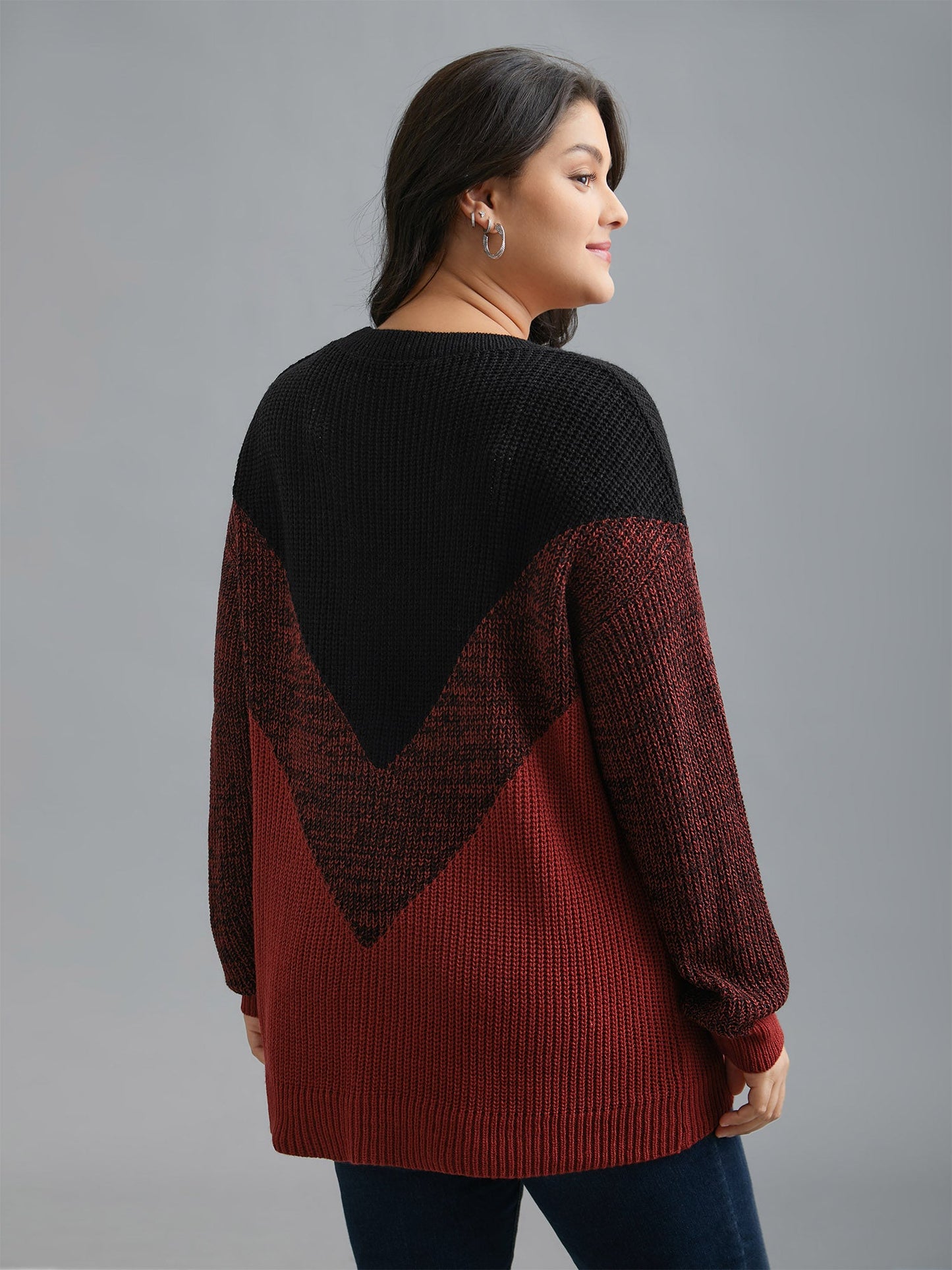Textured Balloon Sleeves Color Block Pullover