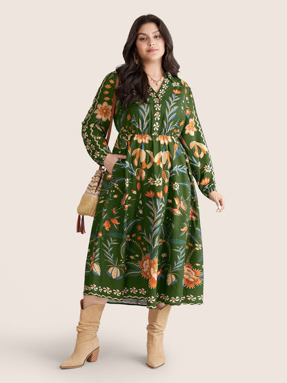 Bandana Print Pocket Lapel Collar Elastic Cuffs Dress