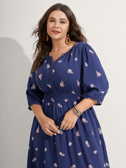 Paisley Print Shirred Waist Midi Dress
