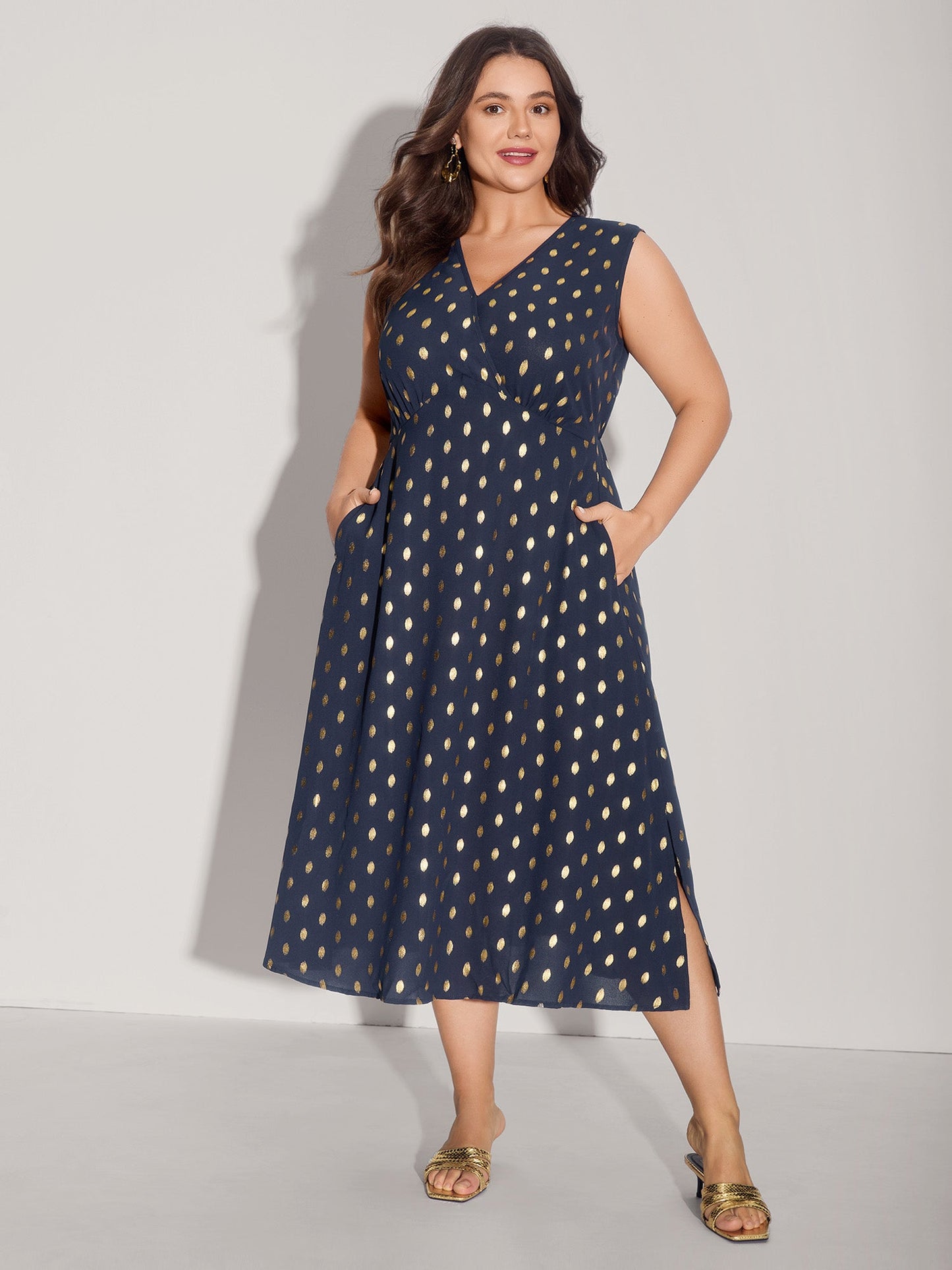 Gold Polka Dots Waist-Defining Midi Dress