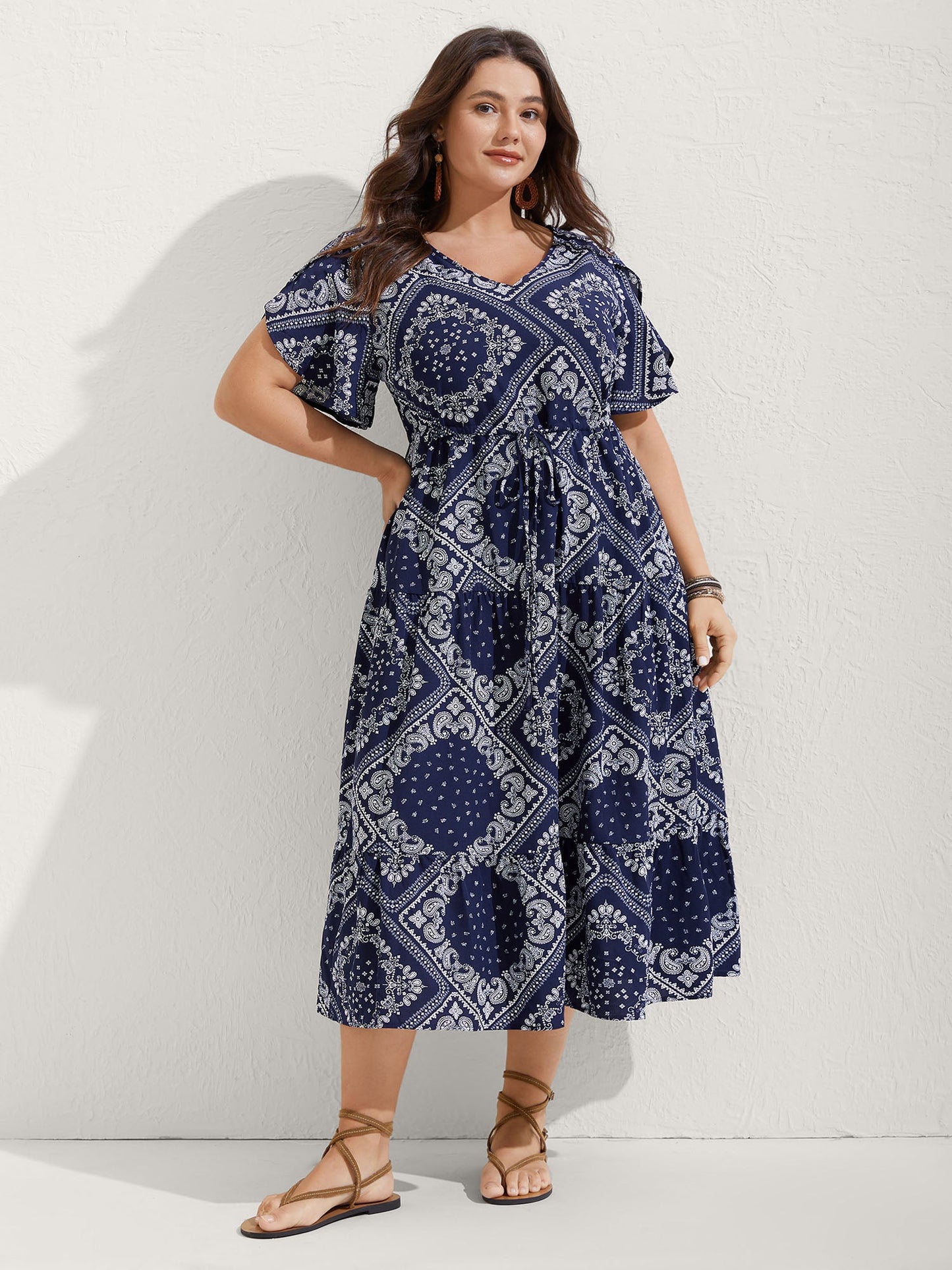Paisley Print Waist Drawstring Midi Dress