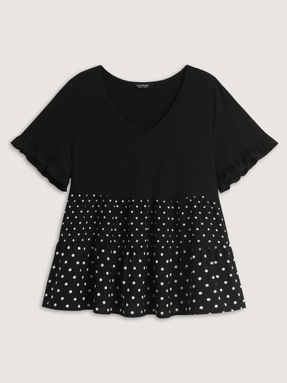 Stretchy Polka Dots Contrast Knit Top
