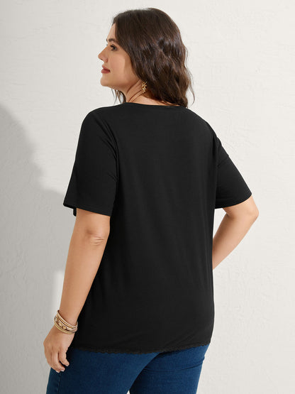 Lace Neck Flowy Sleeve Solid T-Shirt
