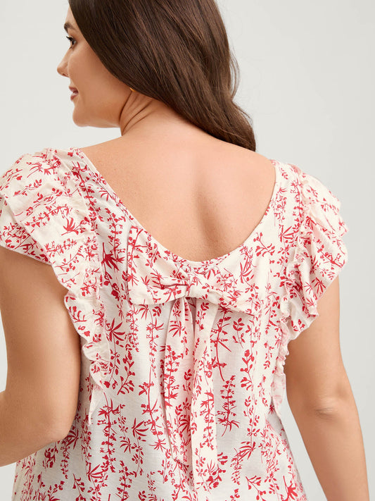 Sweet Floral Bow Back Flutter Blouse