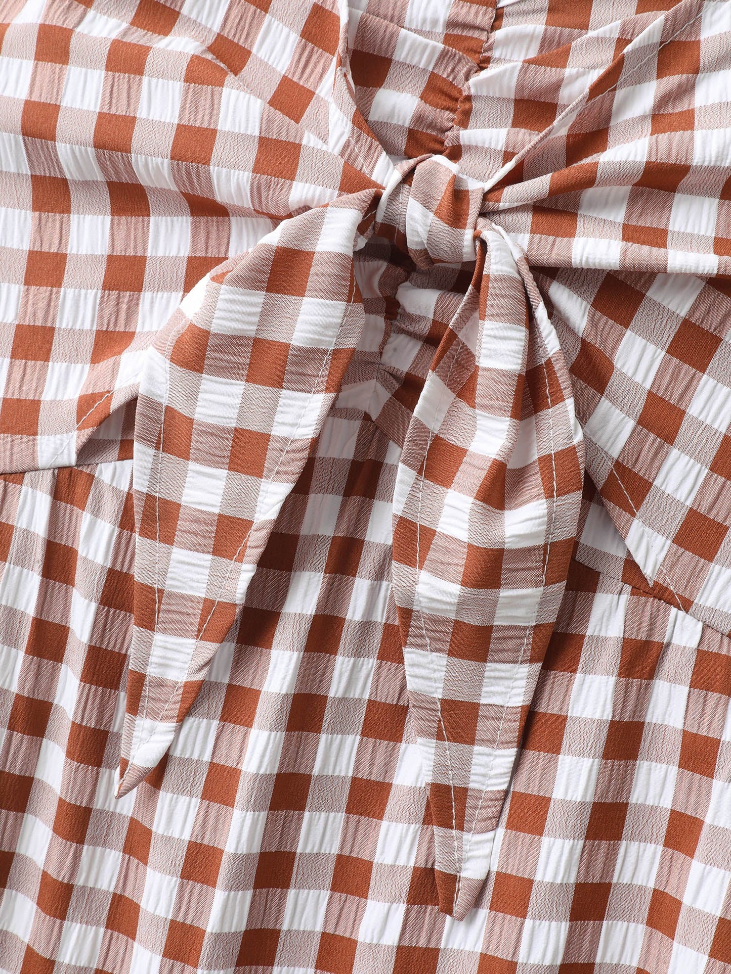 Gingham Print Shirred Bodice Knot Midi Dress
