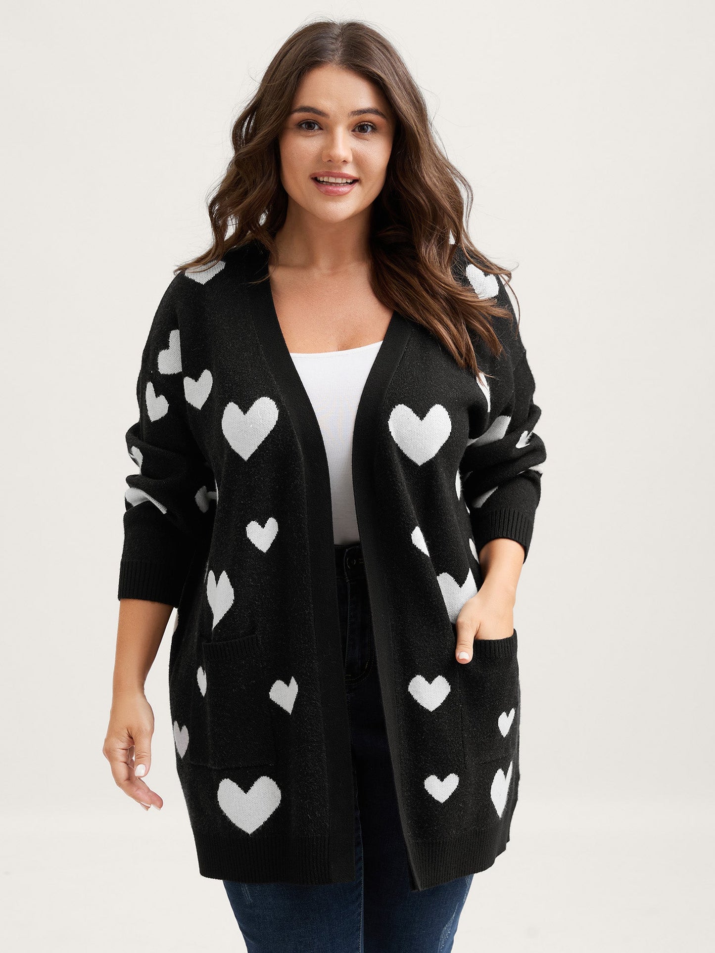 Love Jacquard Pockets Knit Cardigan