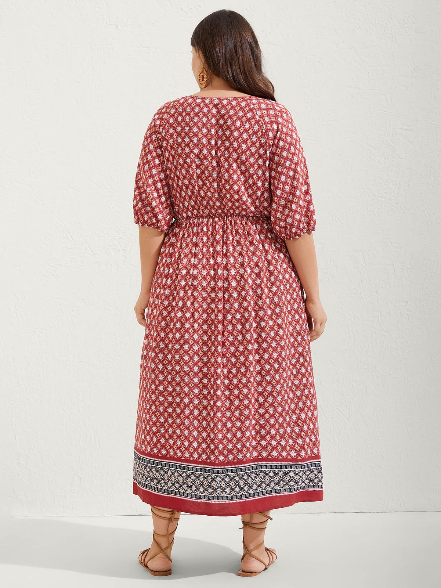 Rayon Boho Print Neck Tie Midi Dress