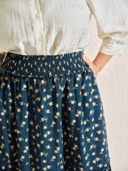 Floral Print Tiered Shirred Waist Midi Skirt