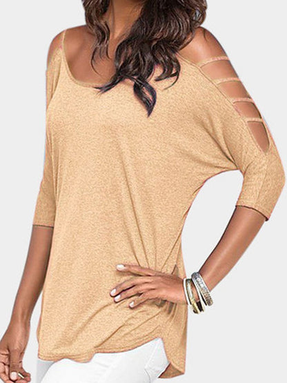 Open Shoulder Round Neck  Hollow Out Plain Tops