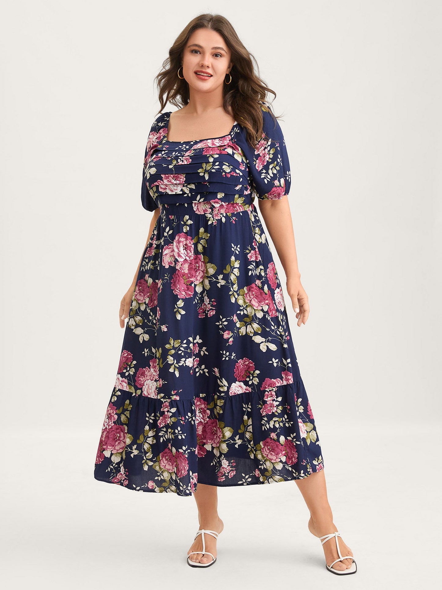 Rosy Print Pleated Bust Ease Midi Dress